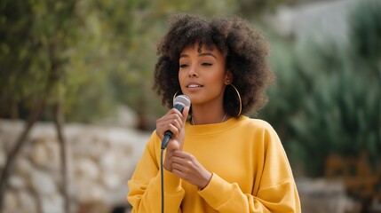 Obraz premium World Poetry Day concept with diverse poets sharing original work at an outdoor spring literary event, perfect for March cultural awareness, poetry celebration, literary arts, creative expression,