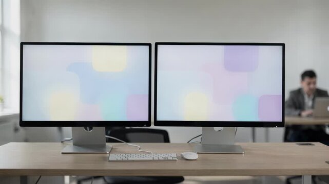 Medium view of dual screens in a coworking space one showing cloned app configurations process blurred figure working in background.