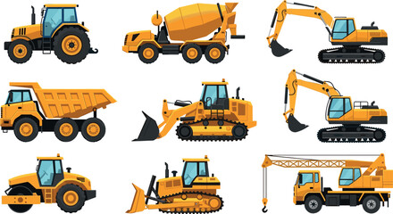 Heavy construction vehicles collection featuring excavator bulldozer dump truck crane tractor road roller and cement mixer industrial machinery vector illustration set © MstRazia
