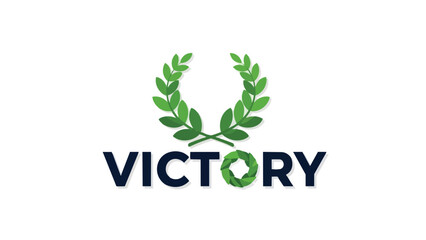 Fototapeta premium A vibrant green laurel wreath symbol crowns the word 'VICTORY' on a clean white background, representing success, achievement, and honorable triumph