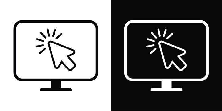 Line art style monitor icon featuring an outlined arrow cursor click. Clean vector illustration representing software interaction, web browsing, and computer input in a modern outline format.