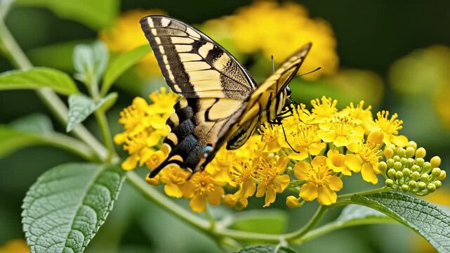 Closeup of a beautiful yellow and black swallowtail butterfly feeding on a vibrant cluster of yellow flowers in a lush green garden on a sunny day.