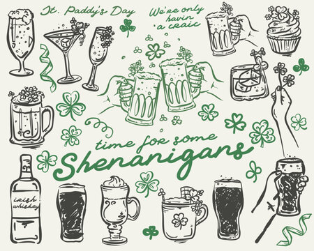Beautiful whimsical St. Patrick's Day Party set of illustrations, Irish symbols, Ireland,