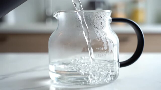 Closeup shot of clear water being poured into a transparent glass pitcher with a black handle creating bubbles and ripples on the surface.