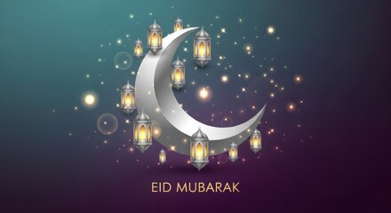 Naklejka premium A crescent moon with lanterns and eid mubarak text on a dark background