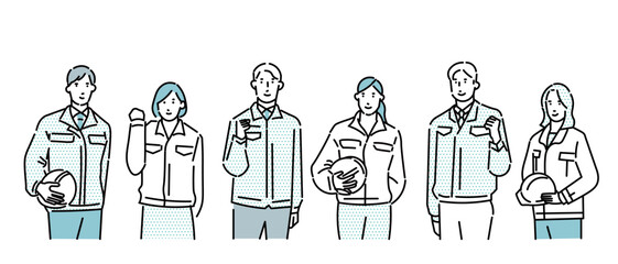 男性と女性のグループー作業服を着てヘルメットを持つ男女ー倉庫、工業系ビジネスイラスト素材