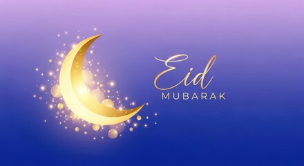 A golden crescent moon on a purple background with the words eid mubarak
