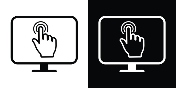 Touch screen monitor icon with a hand gesture. Vector illustration of a finger tapping a computer display, available in black and white versions for UI/UX design and digital interaction.