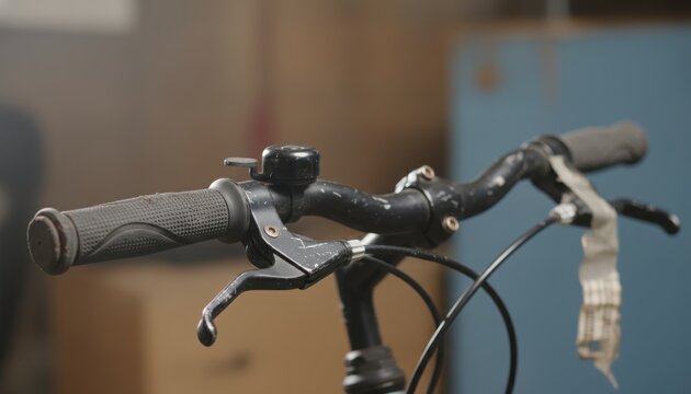 Close-up of worn bicycle handlebars with black grips and brake lever, showcasing cycling equipment detail