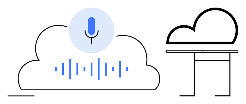 Voice technology, cloud computing, data analysis, digital audio, remote services, AI applications. Microphone with soundwaves in a cloud. Voice technology and cloud computing concepts