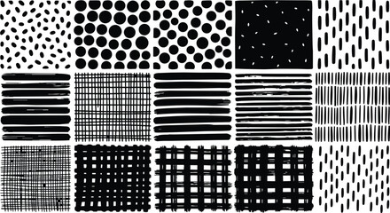 Hand drawn grunge pattern grid of brush strokes dots and stripes in black and white close up top down view varied mark making organic texture design