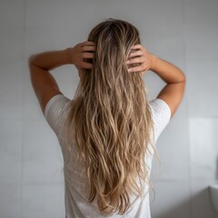 Fototapeta premium Woman with long wet blonde hair viewed from back in bathroom