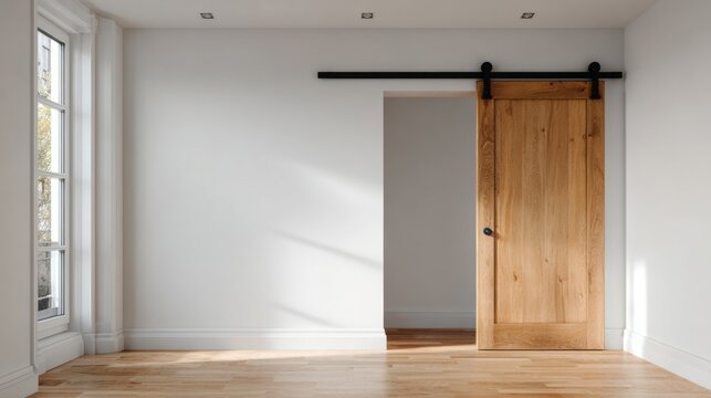 Bright minimalist interior with wooden sliding barn door and natural light