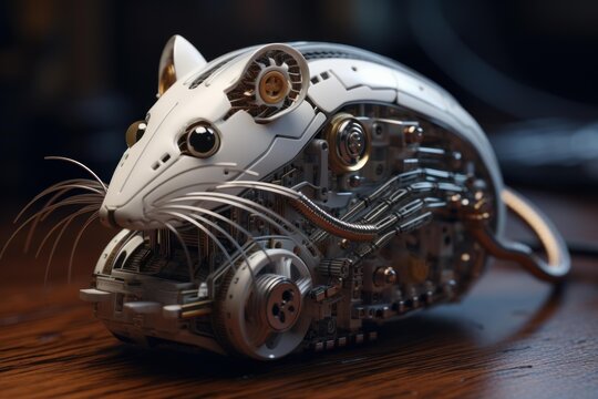 Mechanical mouse showcasing intricate internal mechanisms, blending biology and technology