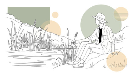 Obraz premium Person sitting by lake, fishing, nature scene, line art, minimalist illustration