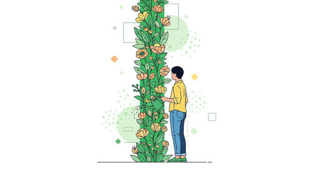 Person Tending Tall Blooming Plant with Flowers and Leaves, Growth Concept