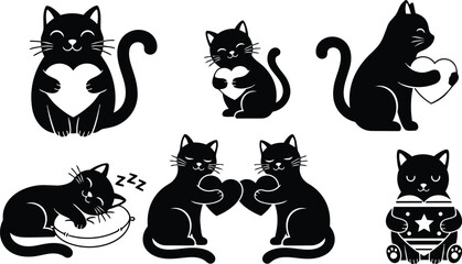 Obraz premium Silhouette cat set close up various poses holding heart sleeping on pillow pair exchanging hearts and baby kitten with star outfit flat black vector cute icons