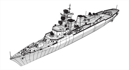 Warship Blueprint – Naval Military Vessel CAD Technical Drawing and Wireframe Model © RNB DESIGN