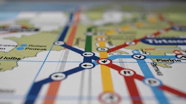 Closeup view of a colorful public transportation map showing subway lines and stations with a shallow depth of field effect.