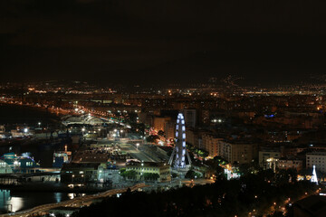 Panoramic night view of a coastal city with a Ferris wheel and harbor lights