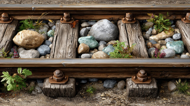 Close up side view showing rusty railway track with brown wooden sleeper and rock ballast with peaceful natural emotion