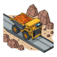 Yellow mining dump truck on railway tracks with rocks. © Budd