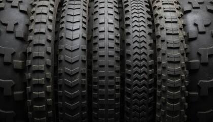 Fototapeta premium Close-up of various bicycle tire treads, showcasing different patterns for optimal grip and performance on diverse terrains