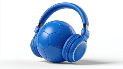 Bright blue soccer ball listening to music with headphones isolated on white background showing fun emotional expression for sport fan and player