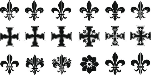 Heraldic fleur de lis and royal lily cross vector silhouette icons set for vintage luxury emblem medieval ornament design isolated on white background. © MDMUNTASSER