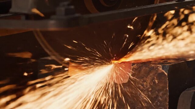 Close-up of a rotating abrasive wheel cutting through a l block, generating a shower of bright