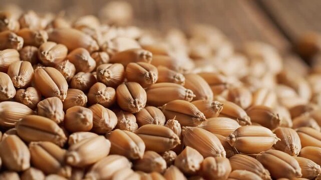 Closeup macro shot of a pile of golden wheat grains showcasing their texture and detail representing agriculture and harvest in a natural organic setting.