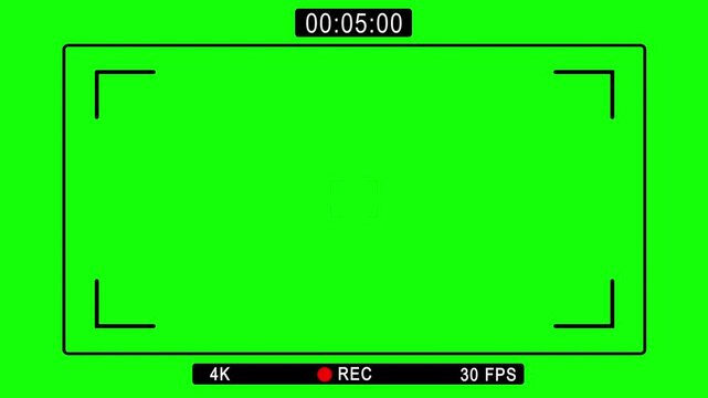 Clean camera display with running timecode and rec icon.  greenscreen overlay. Suitable for documentary and cinematic edits.