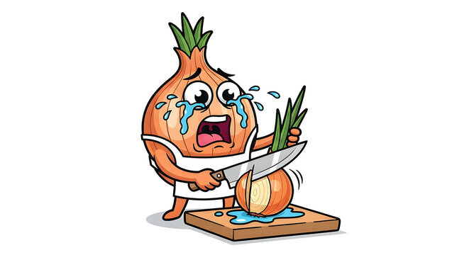 A funny anthropomorphic cartoon onion character slicing another normal onion on a wooden cutting board, crying dramatic comic tears, wearing a tiny chef apron, vibrant 2D vector graphic, white backgro