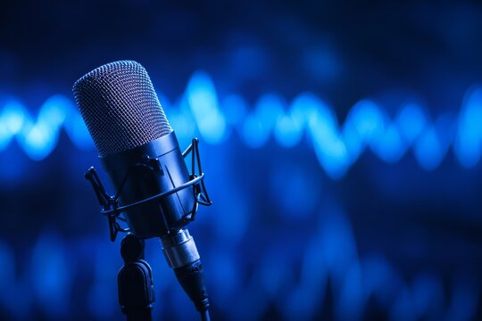 Microphone with blue waveform on background for broadcasting and podcasting events and activities