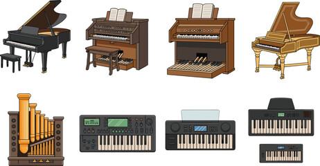 Collection of keyboard musical instruments, grand piano organ synthesizer digital keyboard and harpsichord illustration set © MstRejowana