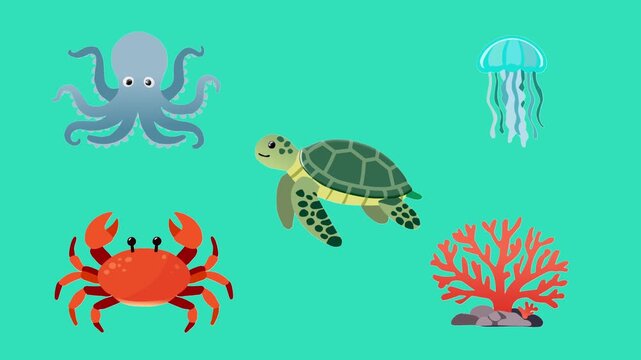 2D Animated Underwater Collection with Octopus Turtle Jellyfish Crab and Coral for Ocean Kids Theme Loop