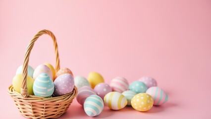 Fototapeta premium pastel vertical easter eggs with stripes and spots spilling from wicker basket on pink background festive spring greeting composition