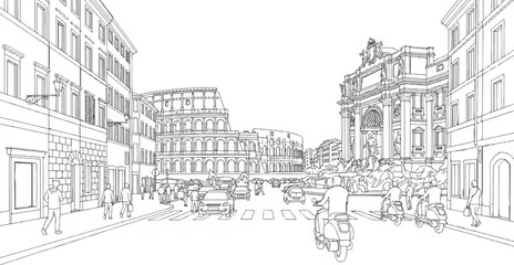 Obraz premium Bustling Roman street scene with famous landmarks and people