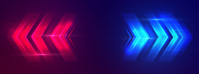 Two Way Red And Blue Arrow Background. Neon Colored Interface Design.