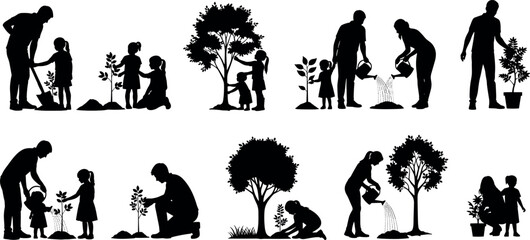Family gardening and tree planting silhouettes collection showing parents and children watering plants, nurturing trees and caring for nature in sustainable eco friendly lifestyle