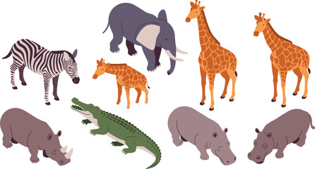 Isometric African safari animals set, giraffe elephant zebra hippo rhino crocodile wildlife illustration collection © MstRejowana