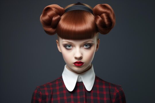 Studio portrait of stylish redhead girl with creative hairstyle, wearing checkered dress and white peter pan collar