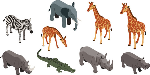 Isometric African safari wildlife set, elephant giraffe zebra rhino hippo crocodile animals illustration collection © MstRejowana