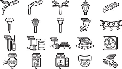 Collection of varied solar streetlights and surveillance camera with related equipment, symbolizing the forefront of urban and environmental design solutions.
