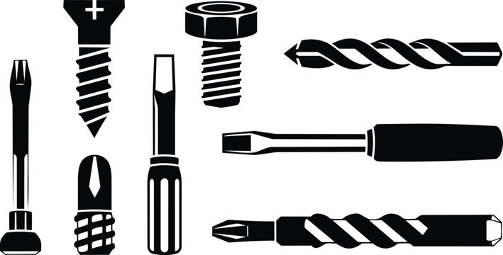 Stencil vector close up of assorted screwdriver bits screws and drill bits arranged flat top view on white background high contrast black silhouette tool set icons