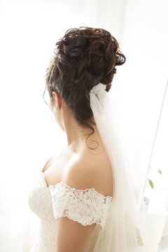 Elegant bride with intricate updo and lace wedding dress, back view