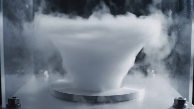 Science meteorology experiment concept. White vapor cloud inside a glass enclosure on a round platform