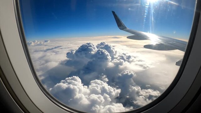 View from an airplane window showing the wing, f clouds, and bright blue sky during a sunny flight
