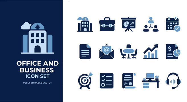Comprehensive icon set for office and business-related applications and documents Vector