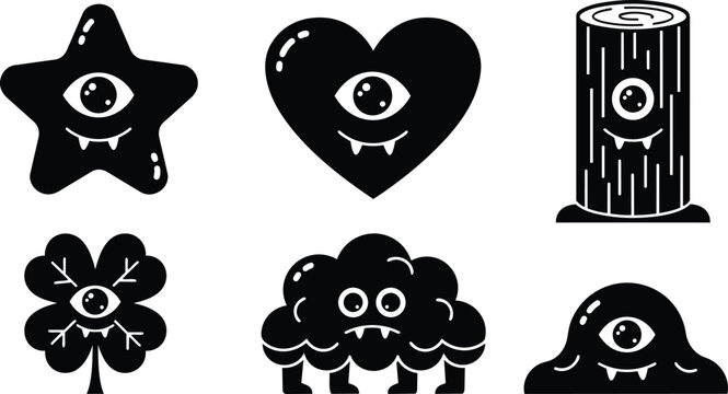 Cute black monster icon set six characters star heart log clover cloud blob single eye fangs simple silhouette playful flat graphic minimal vector style sticker isolated